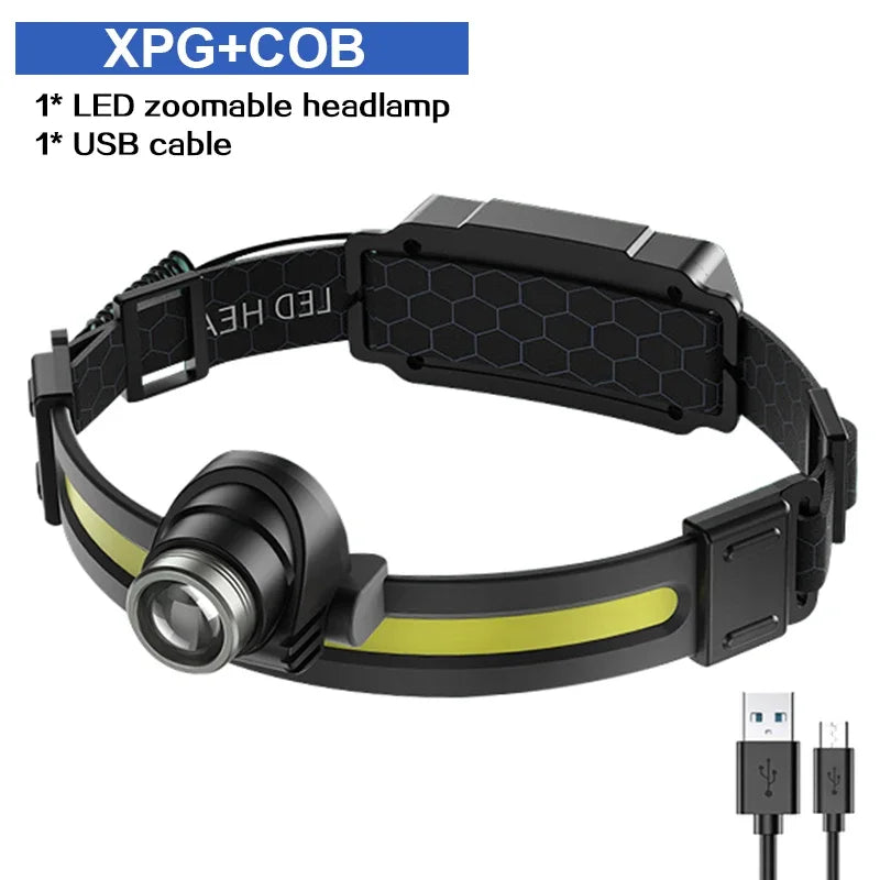 Rechargeable High Power LED Headlamp 7 Modes XPE+COB Sensor