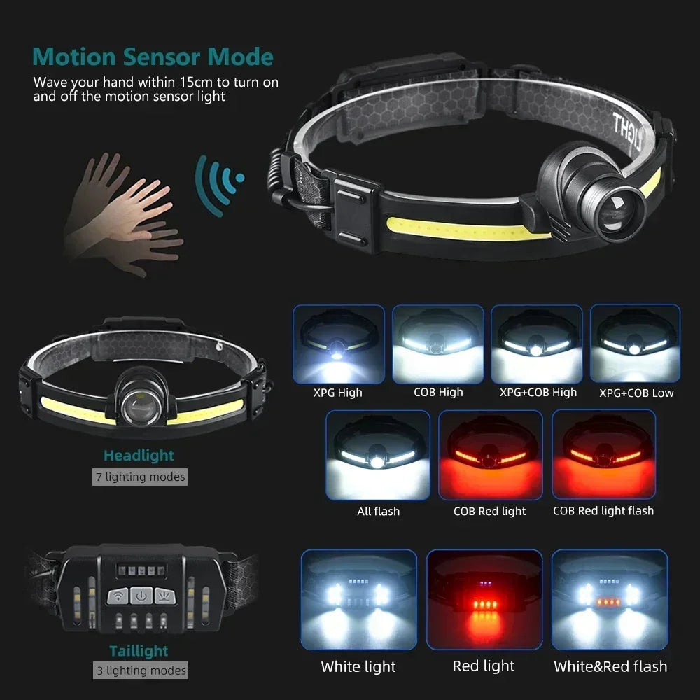 Rechargeable High Power LED Headlamp 7 Modes XPE+COB Sensor