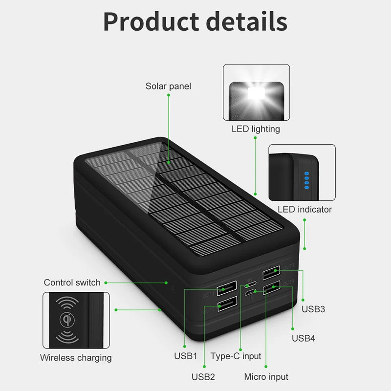 Solar Power Bank 100000mAh Mobile Phone Wireless Charging